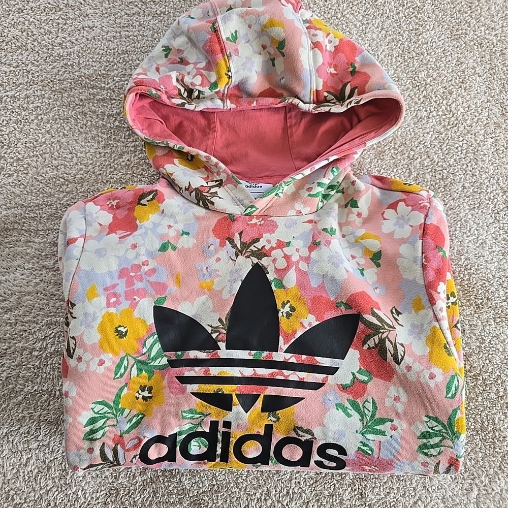 Adidas Youth Medium (11-12Y) Girls Floral Pink‎ Hoodie Sweatshirt Pockets Flower